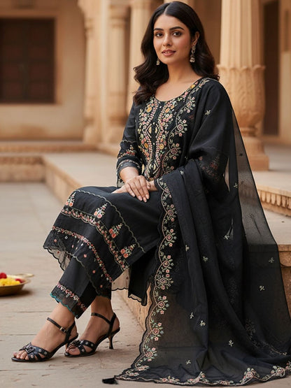 Women Floral Embroidered Regular Thread Work Kurta with Trousers & With Dupatta