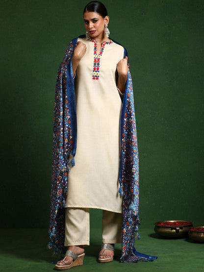 Dhiyona VA Women'sEmbroidered Thread Work Mandarin Collar Straight Kurta with Trousers & Dupatta