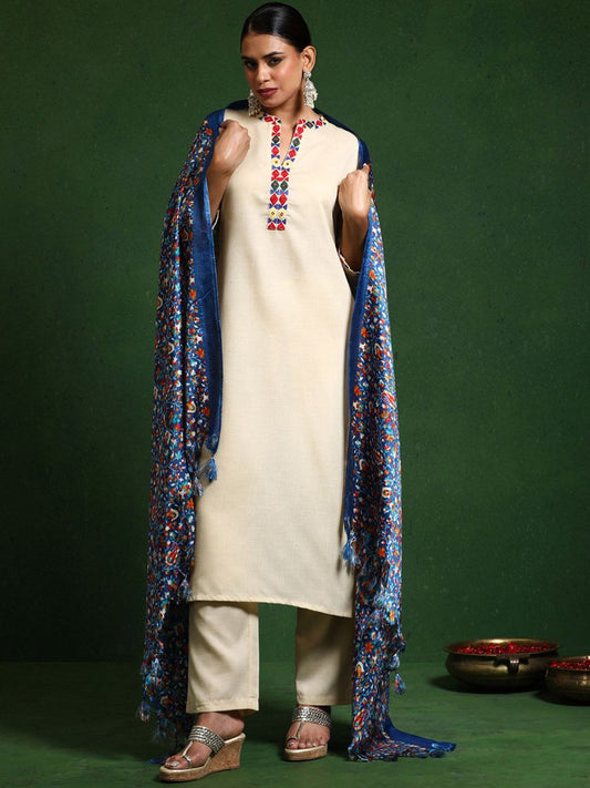 Dhiyona VA Women'sEmbroidered Thread Work Mandarin Collar Straight Kurta with Trousers & Dupatta