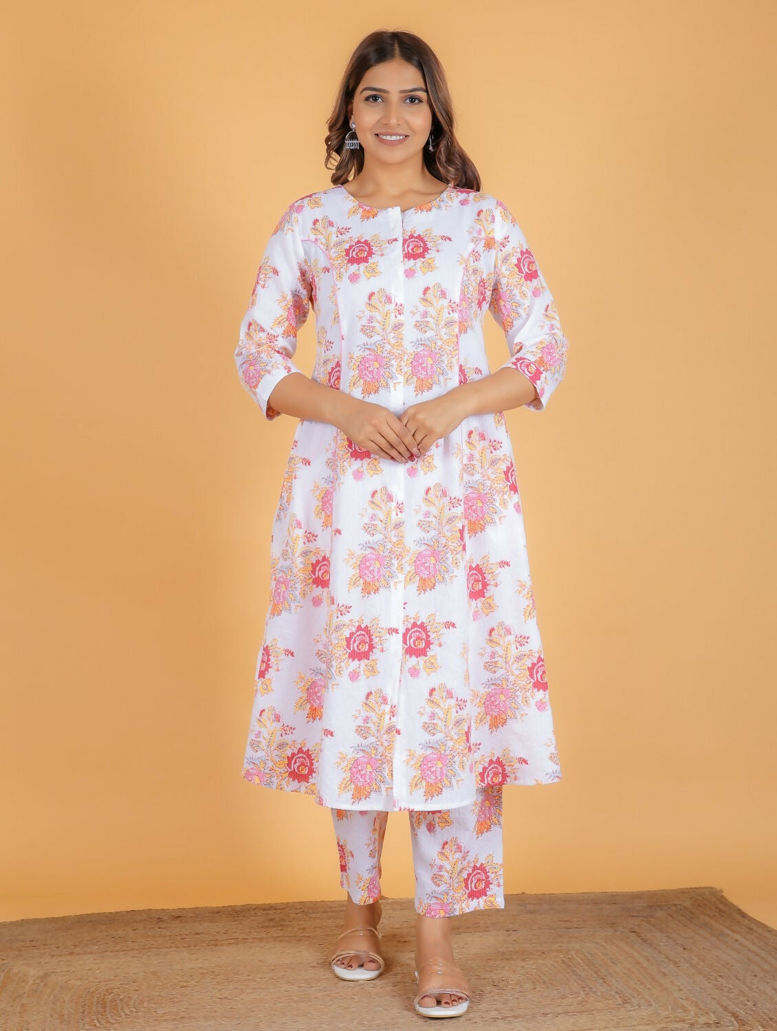 Women's White Kantha Cotton Floral Print A-line Kurta Pant Set for Women