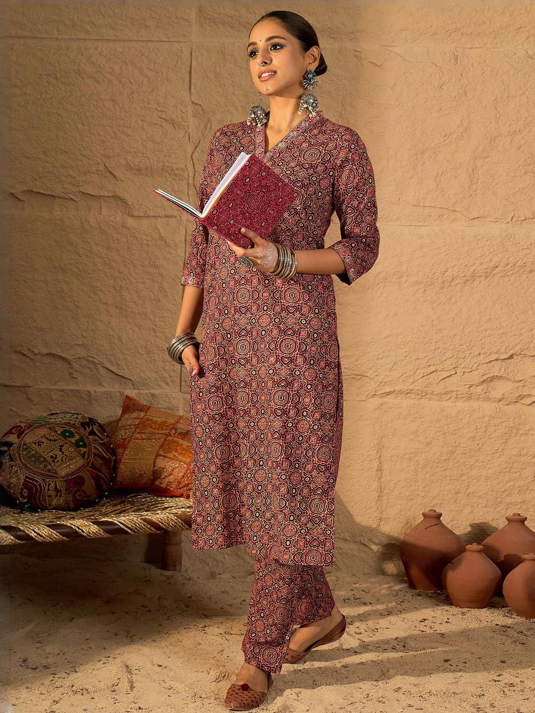 Dhiyona IE Printed Pure Cotton V-Neck Tunic With Trouser