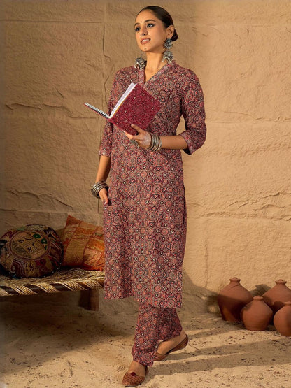Dhiyona IE Printed Pure Cotton V-Neck Tunic With Trouser