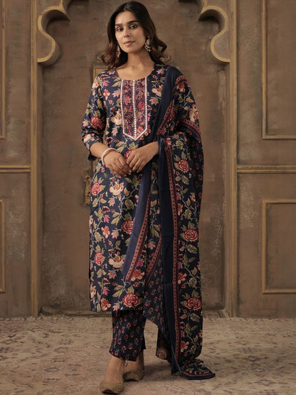 Floral Printed Round Neck Straight Kurta With Trousers & Dupatta