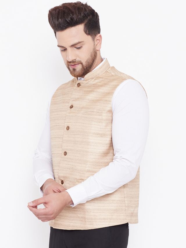 Men's Beige Silk Blend Straight Nehru Jacket