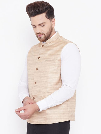 Men's Beige Silk Blend Straight Nehru Jacket