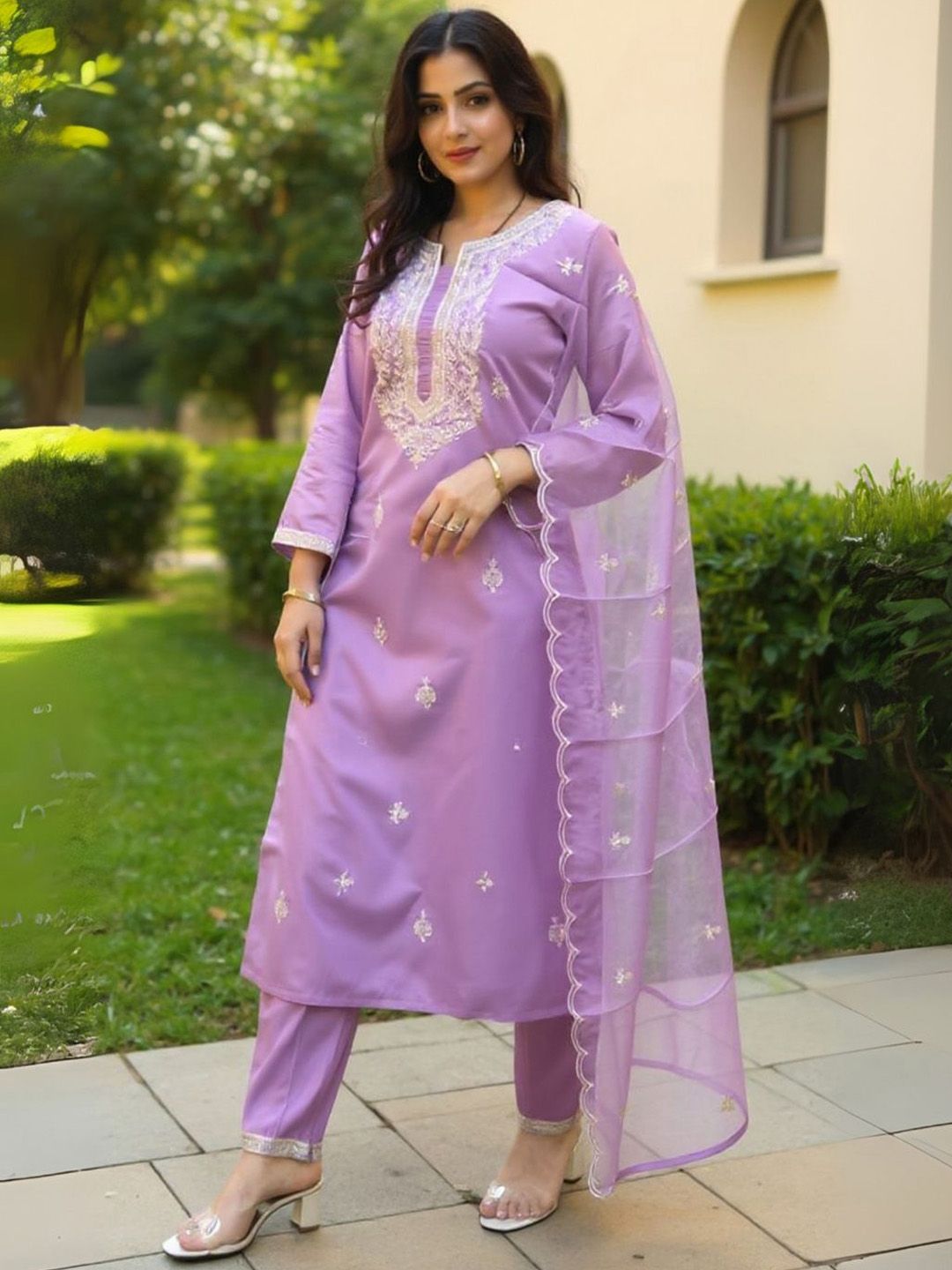 Ethnic Motifs Embroidered Notch Neck Sequinned Kurta With Trousers & Dupatta