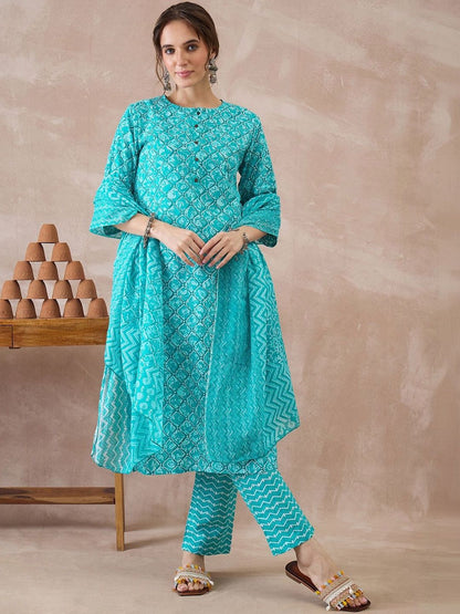 Women Printed Regular Pure Cotton Kurta with Trousers & With Dupatta