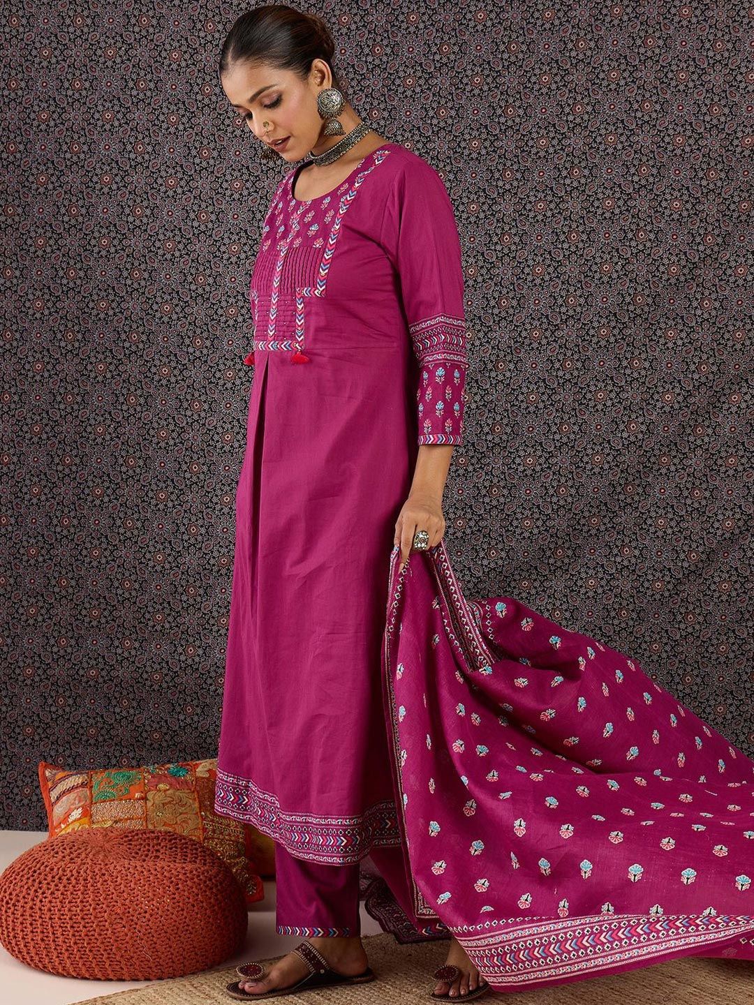 Floral Embroidered Round Neck Pure Cotton Straight Kurta With Trousers & Dupatta