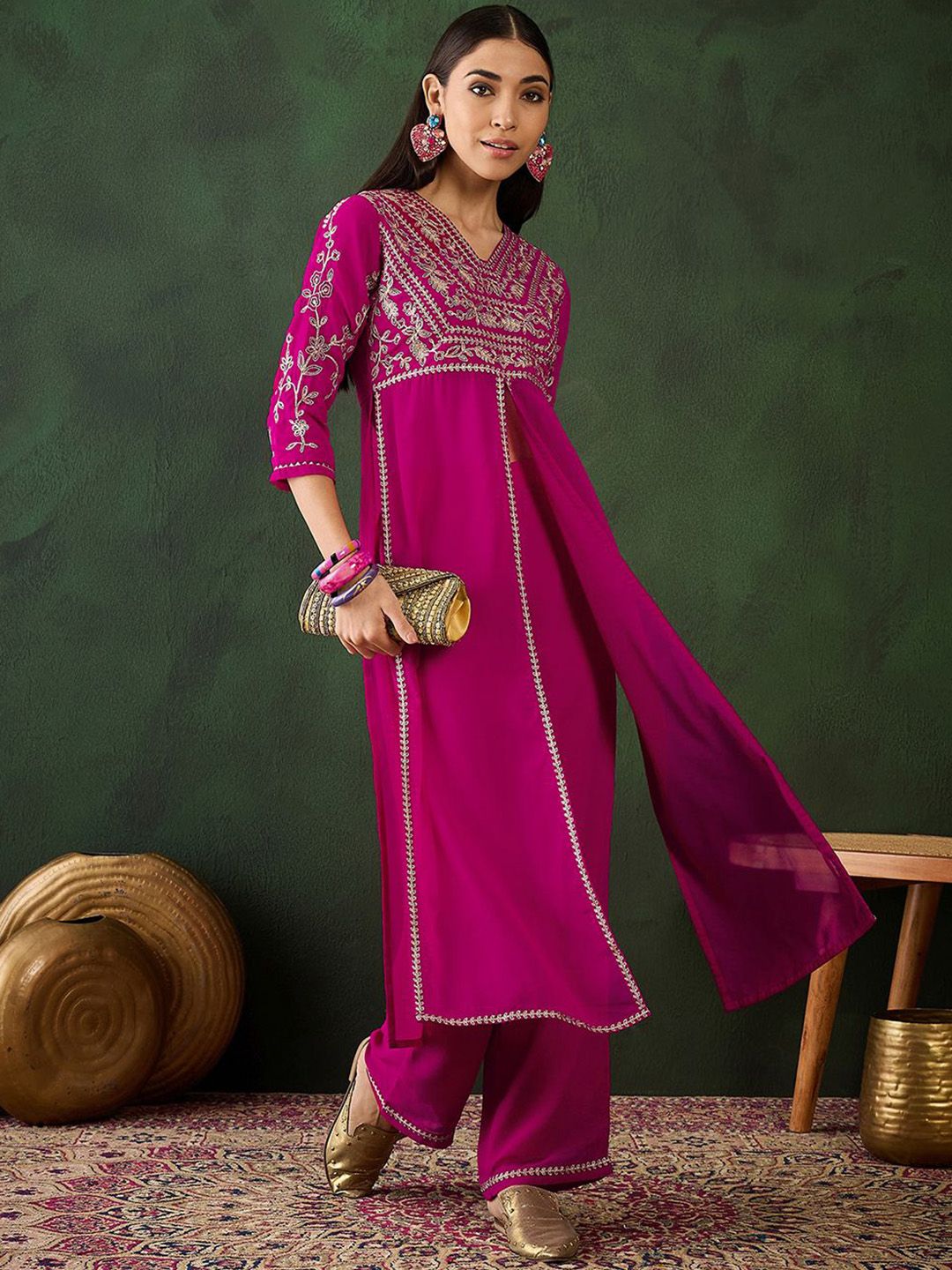 Dhiyona SN Women's Alina Cut Floral Yoke Design High Slit Zari Fusion Kurta With Trousers