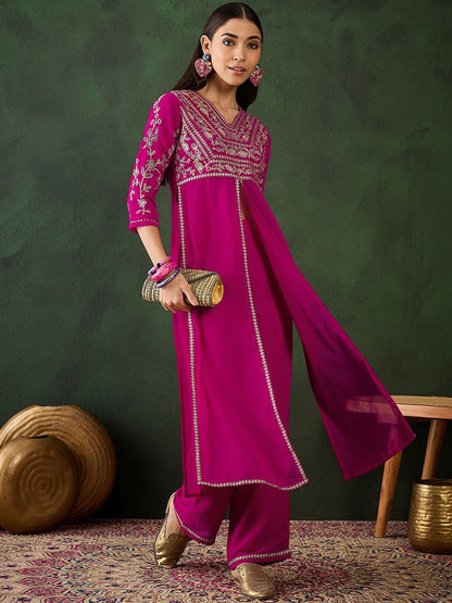 Dhiyona SN Women's Alina Cut Floral Yoke Design High Slit Zari Fusion Kurta With Trousers