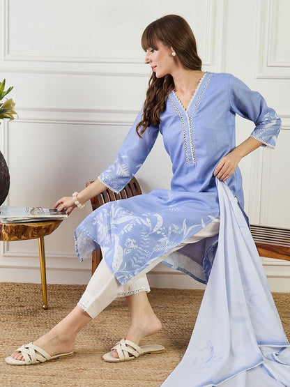 Women Floral Printed Lace Detail Linen Straight Kurta with Trousers & Dupatta
