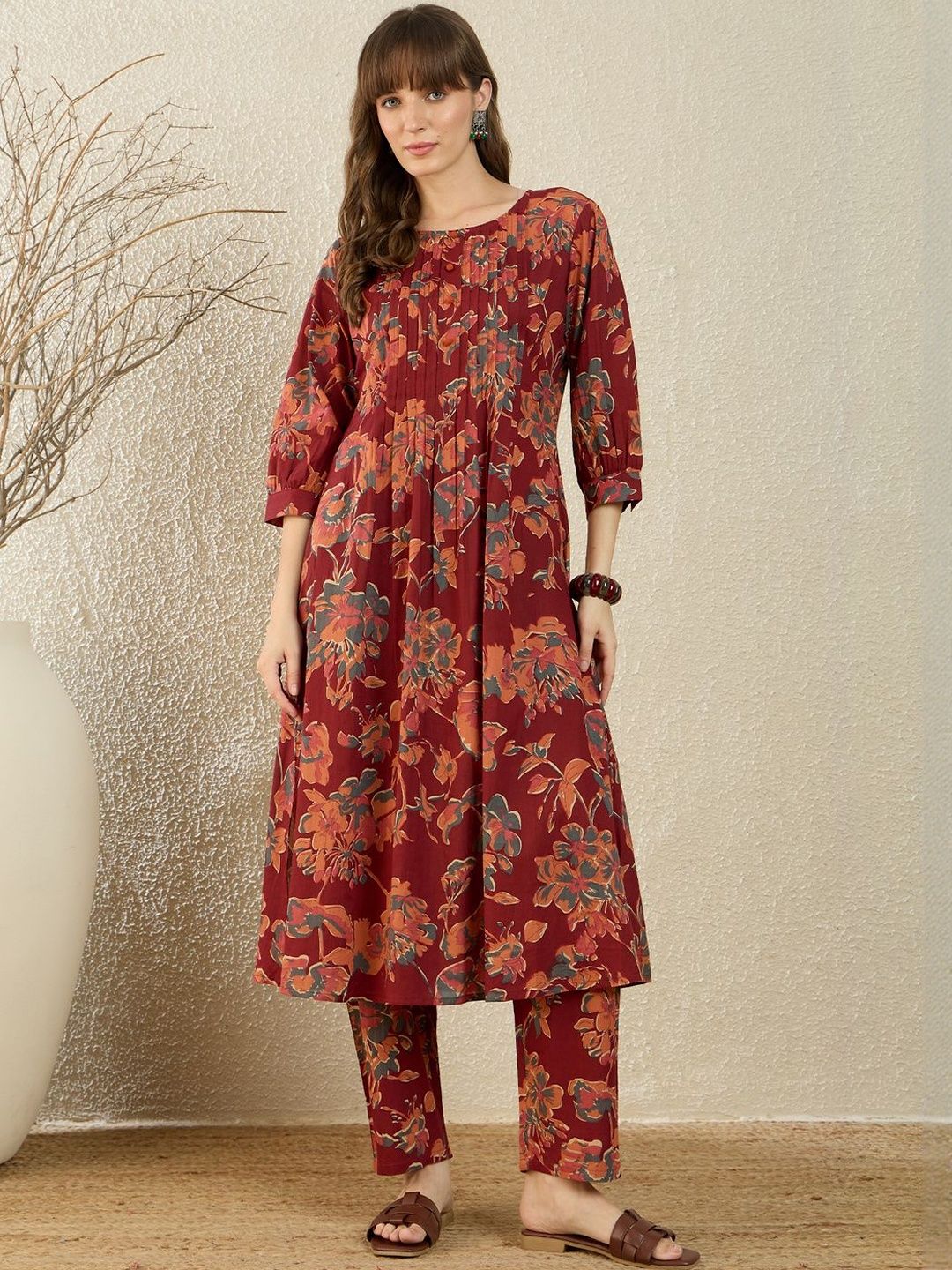 Dhiyona IE Printed V-Neck Three-Quarter Sleeves Pure Cotton Tunic And Trousers