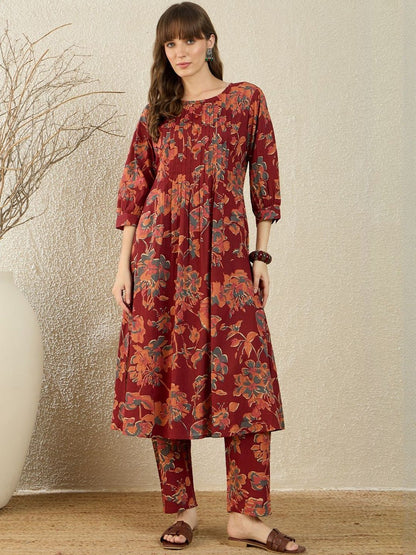 Dhiyona IE Printed V-Neck Three-Quarter Sleeves Pure Cotton Tunic And Trousers