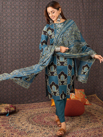 Women Ethnic Motifs Printed Straight Kurta Trousers With Dupatta set