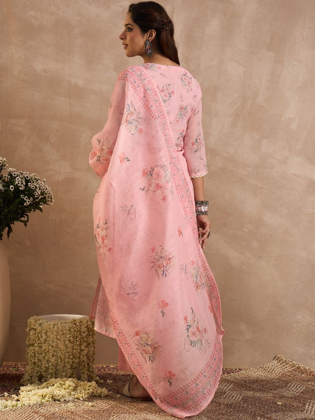 Women Floral Printed Linen Kurta with Trousers & Dupatta