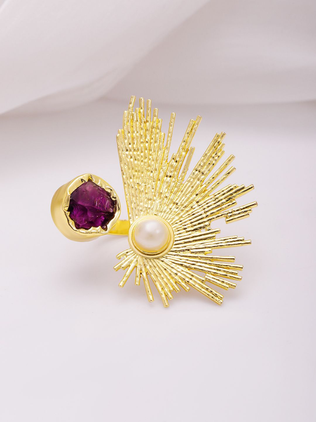 Dhiyona RJ Women's 18K Gold-Plated Abstract Sunburst Design Pearl & Amethyst Adjustable Finger Ring
