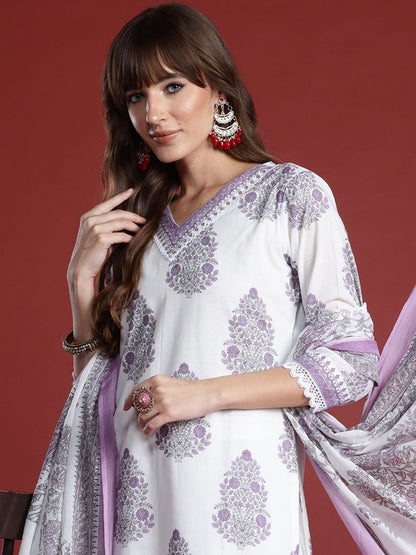 Floral Printed Sequinned V-Neck Pure Cotton Kurta with Trousers & Dupatta