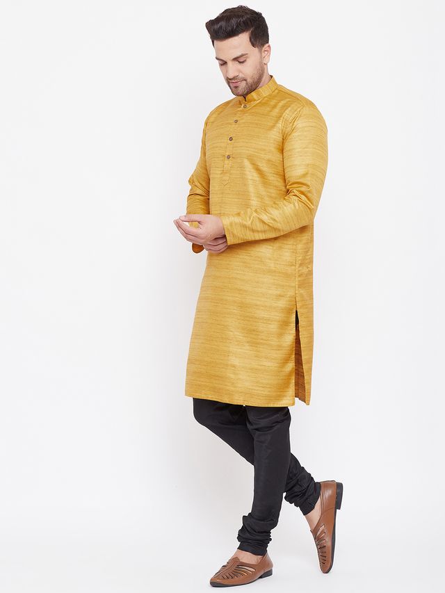 Men's Mustard Silk Blend Straight Kurta Pyjama Set