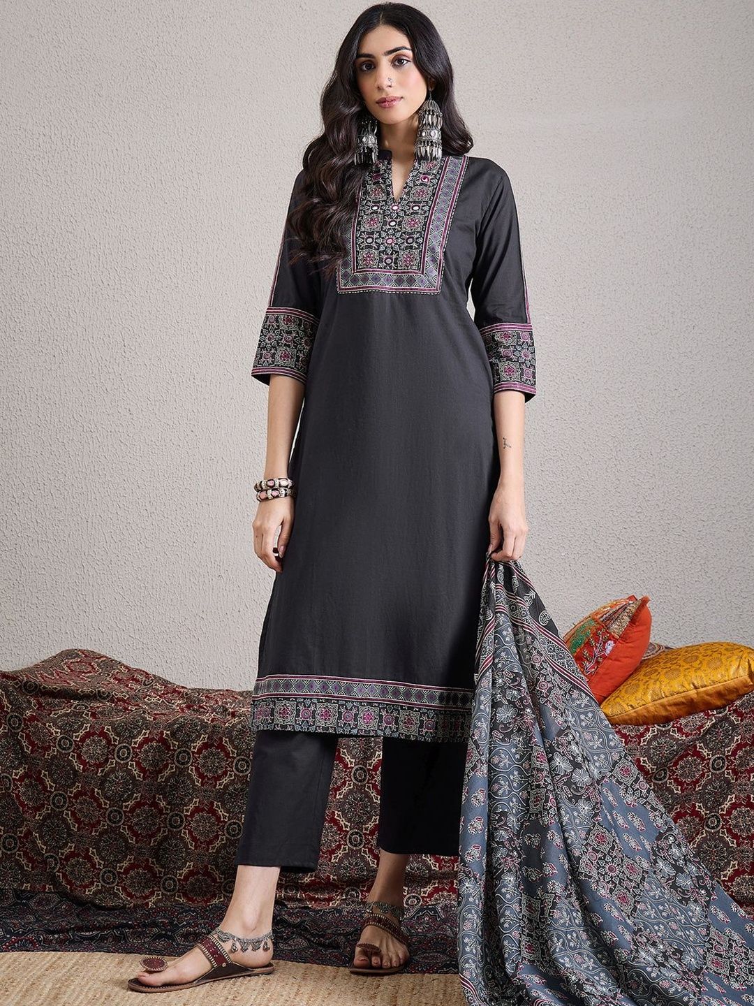 Ethnic Motifs Printed Mirror Work Pure Cotton Kurta With Trousers & Dupatta