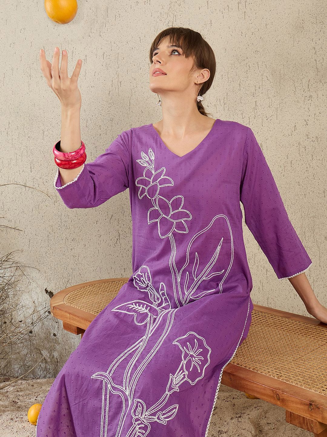 Floral Embroidered V-Neck Straight Thread Work Pure Cotton Kurta With Trouser
