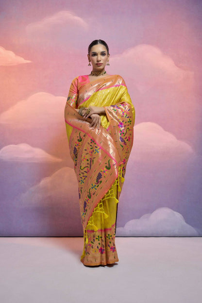 Women Paithani Vani Yellow Saree With Unstiched Blouse