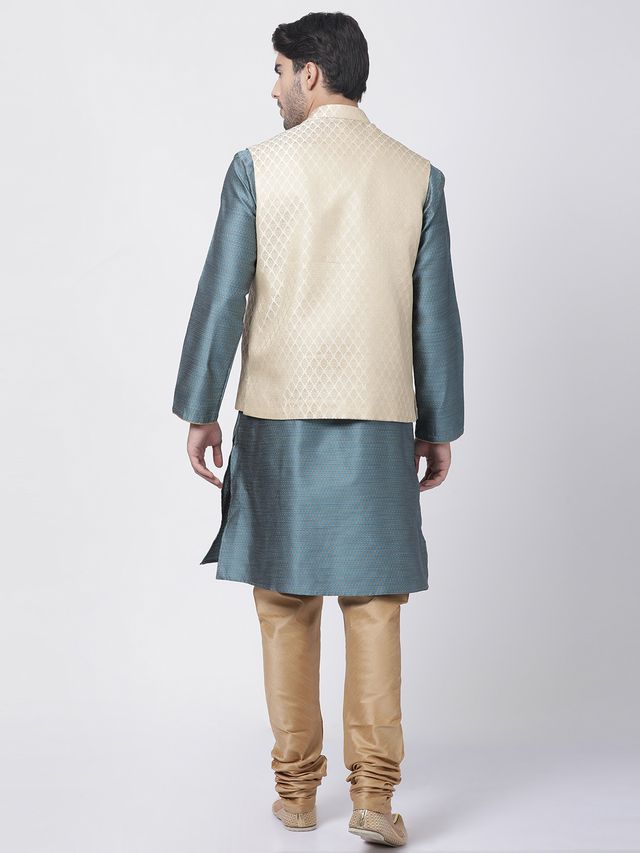 Men's Light Blue Silk Blend Straight Jacket  Kurta and Pyjama Set
