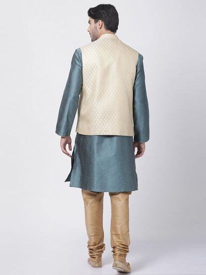 Men's Light Blue Silk Blend Straight Jacket  Kurta and Pyjama Set