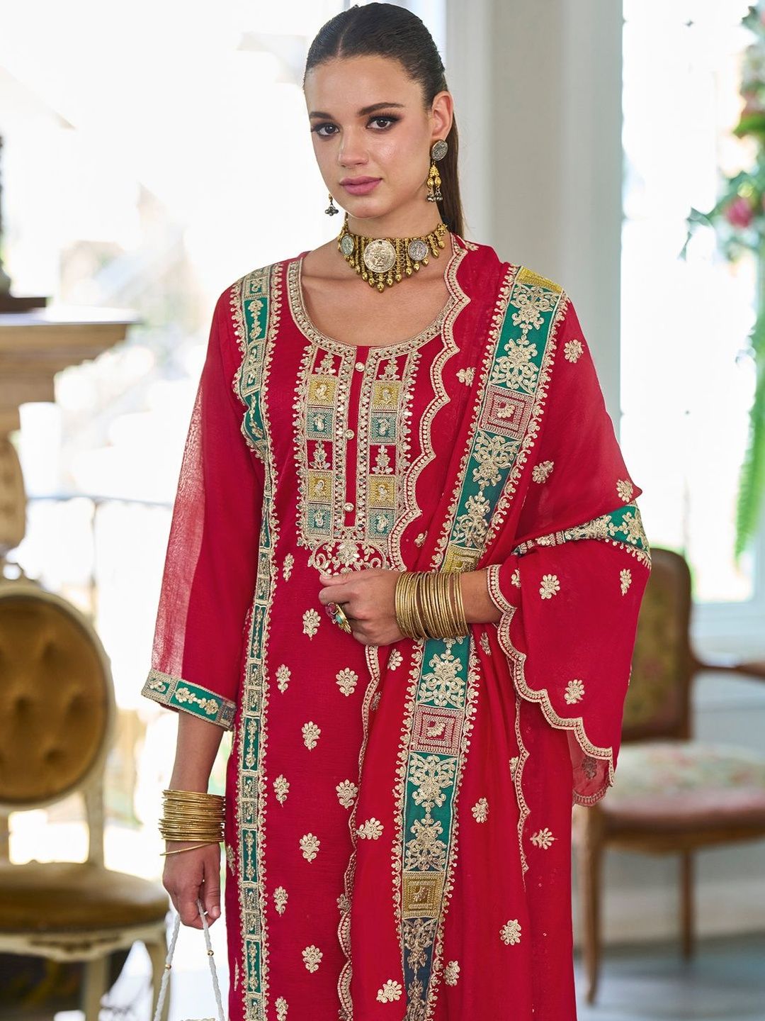 Ethnic Motifs Embroidered Sequinned Kurta with Trousers & With Dupatta