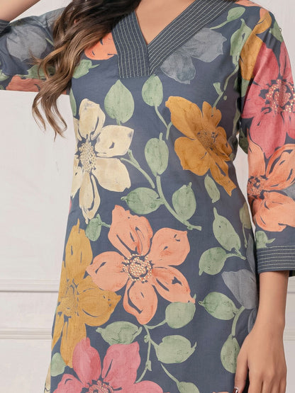 Dhiyona IE Floral Floral Printed Pure Cotton V-Neck Tunic With Trousers
