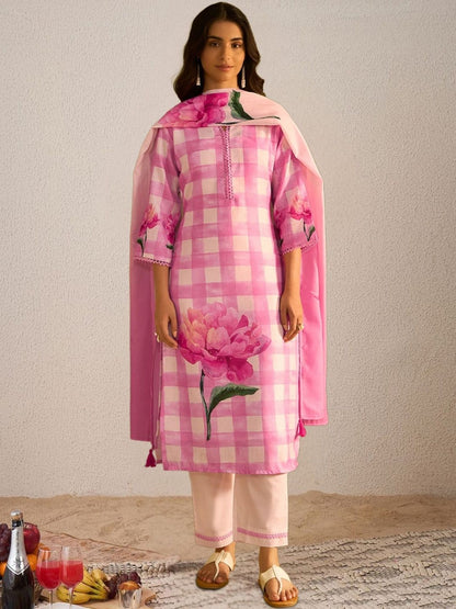 Women Floral Printed Regular Linen Kurta with Trousers & With Dupatta