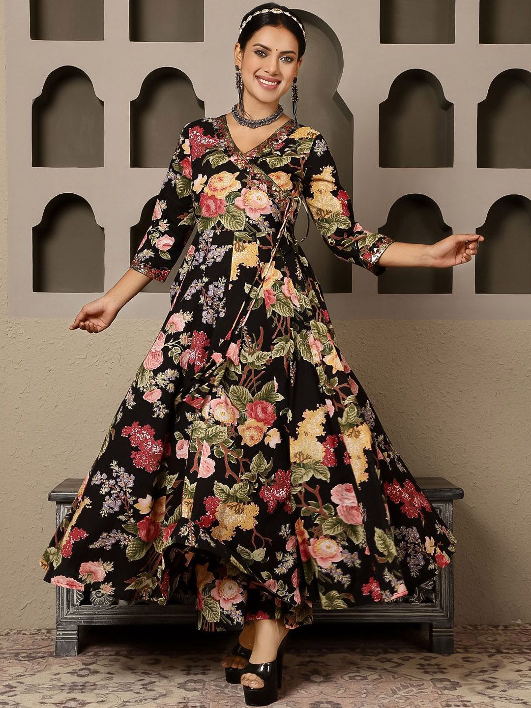 Dhiyona SN Women's Floral Printed Pure Cotton Anarkali Kurta with Palazzo & Dupatta