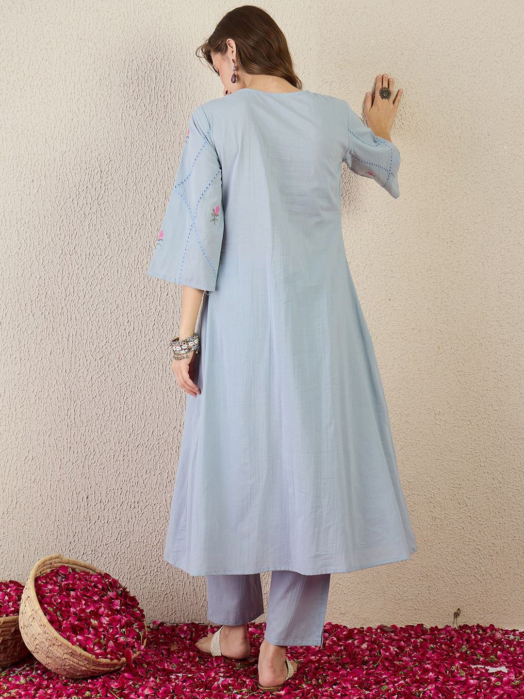 Dhiyona IE Embroidered Cotton V Neck Top With Trousers Co-Ords