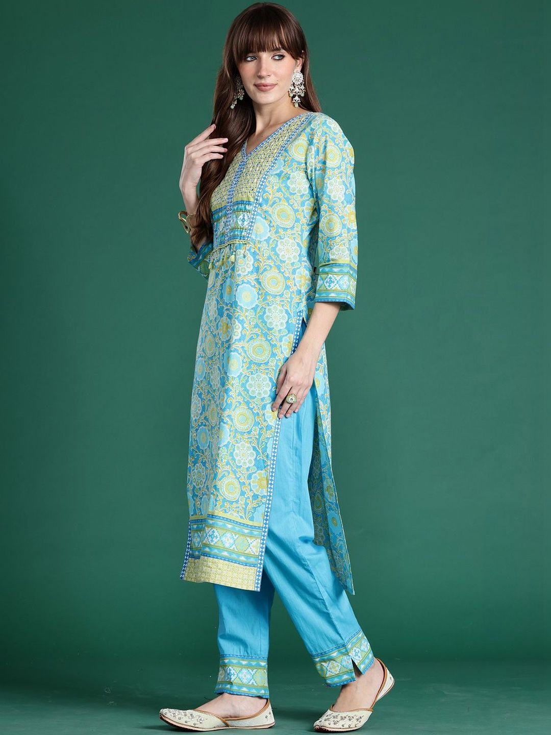 Women Floral Printed Regular Mirror Work Pure Cotton Kurta with Trousers & With Dupatta