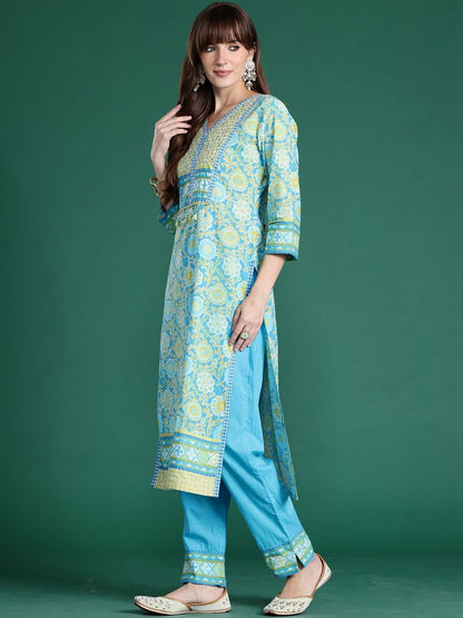 Women Floral Printed Regular Mirror Work Pure Cotton Kurta with Trousers & With Dupatta