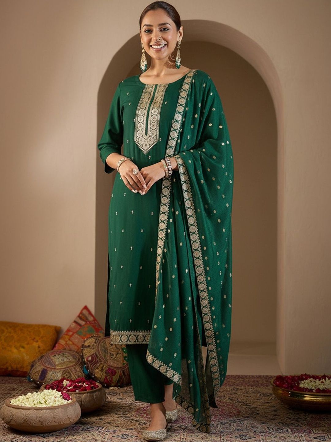 Dhiyona IE Ethnic Motifs Embroidered Straight Thread Work Kurta With Trousers & Dupatta
