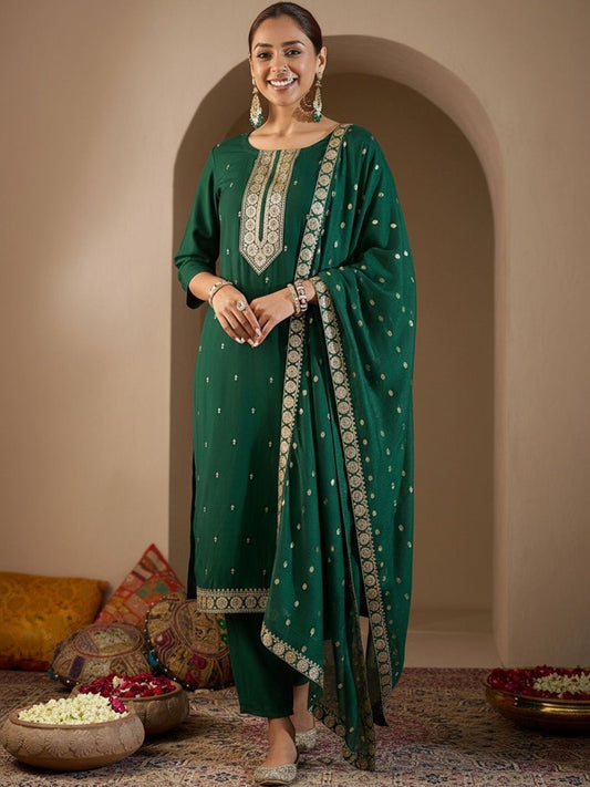 Ethnic Motifs Embroidered Straight Thread Work Kurta With Trousers & Dupatta