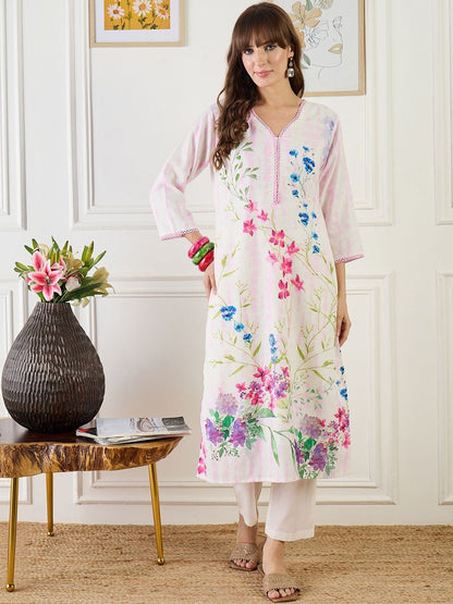 Women Floral Printed Regular Linen Kurta with Trousers