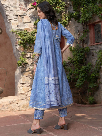 Dhiyona SN Women's Blue Bandhani Printed V Neck Pure Cotton Anarkali Kurta With Trouser And Dupatta