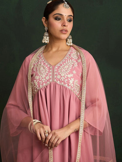 Mauve Paisley Embroidered V-Neck Georgette A-Line Kurta with Trousers & Dupatta