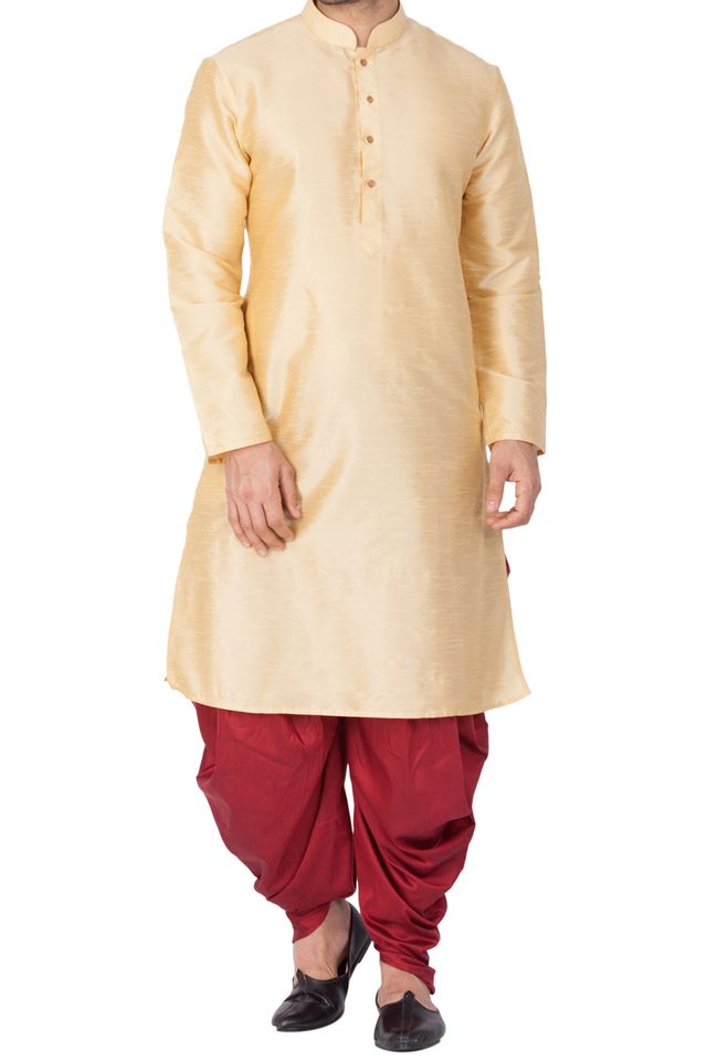 Men's Gold Silk Blend Straight Kurta and Dhoti Set