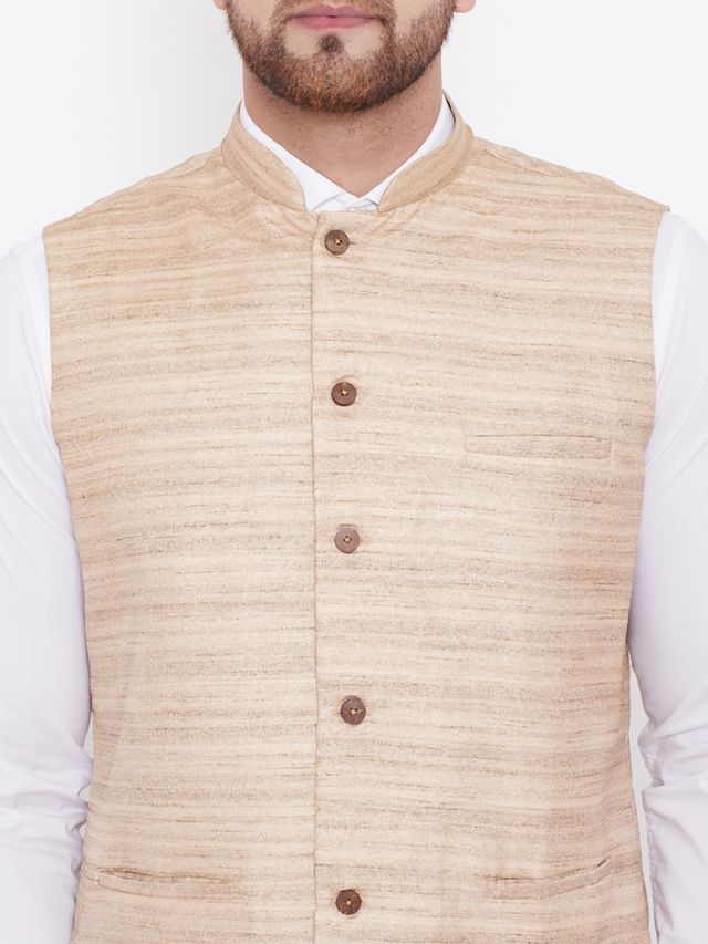 Men's Beige Silk Blend Straight Nehru Jacket