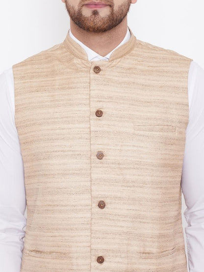 Men's Beige Silk Blend Straight Nehru Jacket