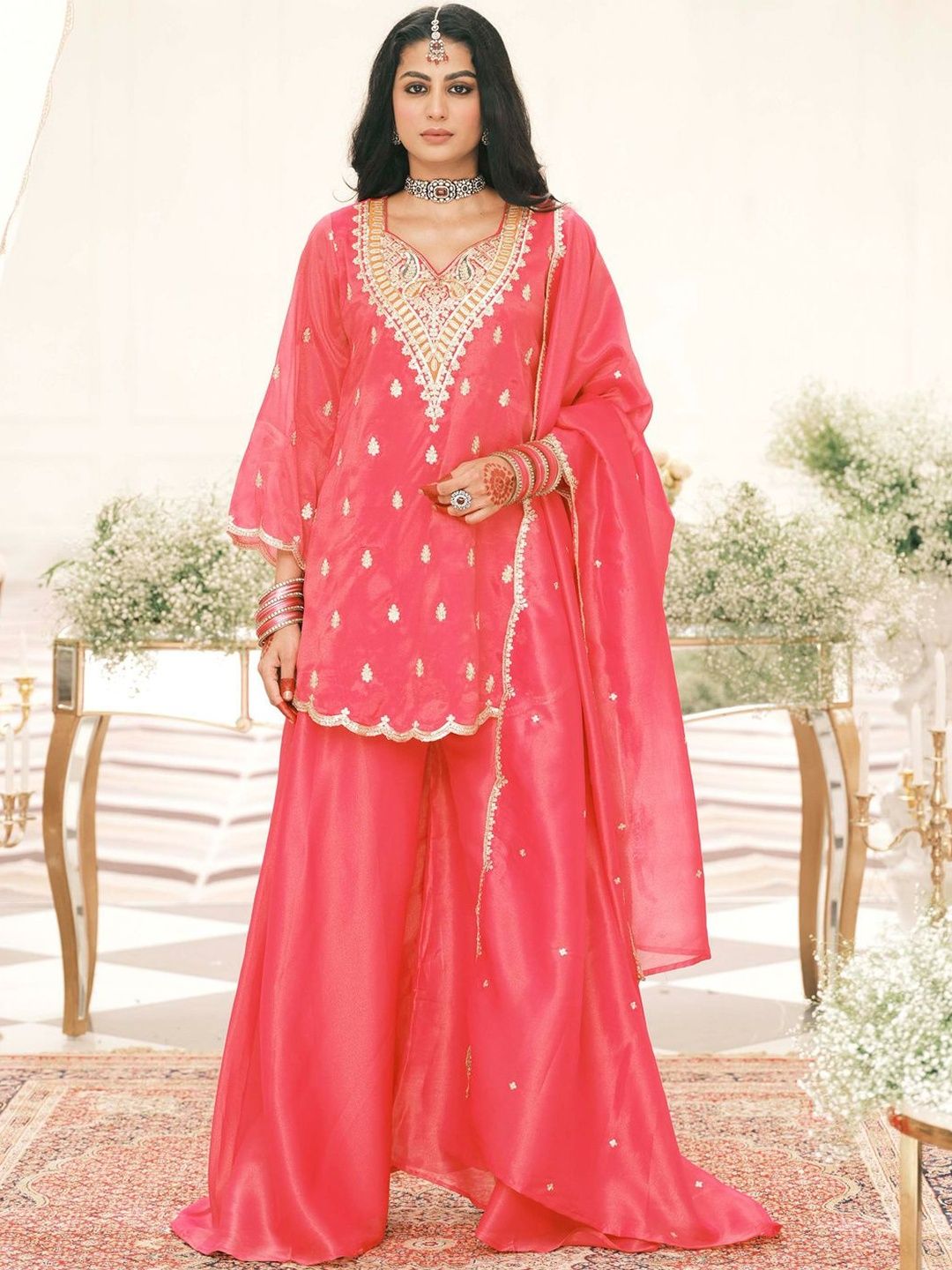 Dhiyona IE Ethnic Motifs Embroidered V-Neck Thread Work Kurta With Palazzos & Dupatta