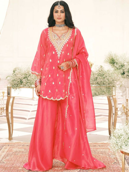 Ethnic Motifs Embroidered V-Neck Thread Work Kurta With Palazzos & Dupatta