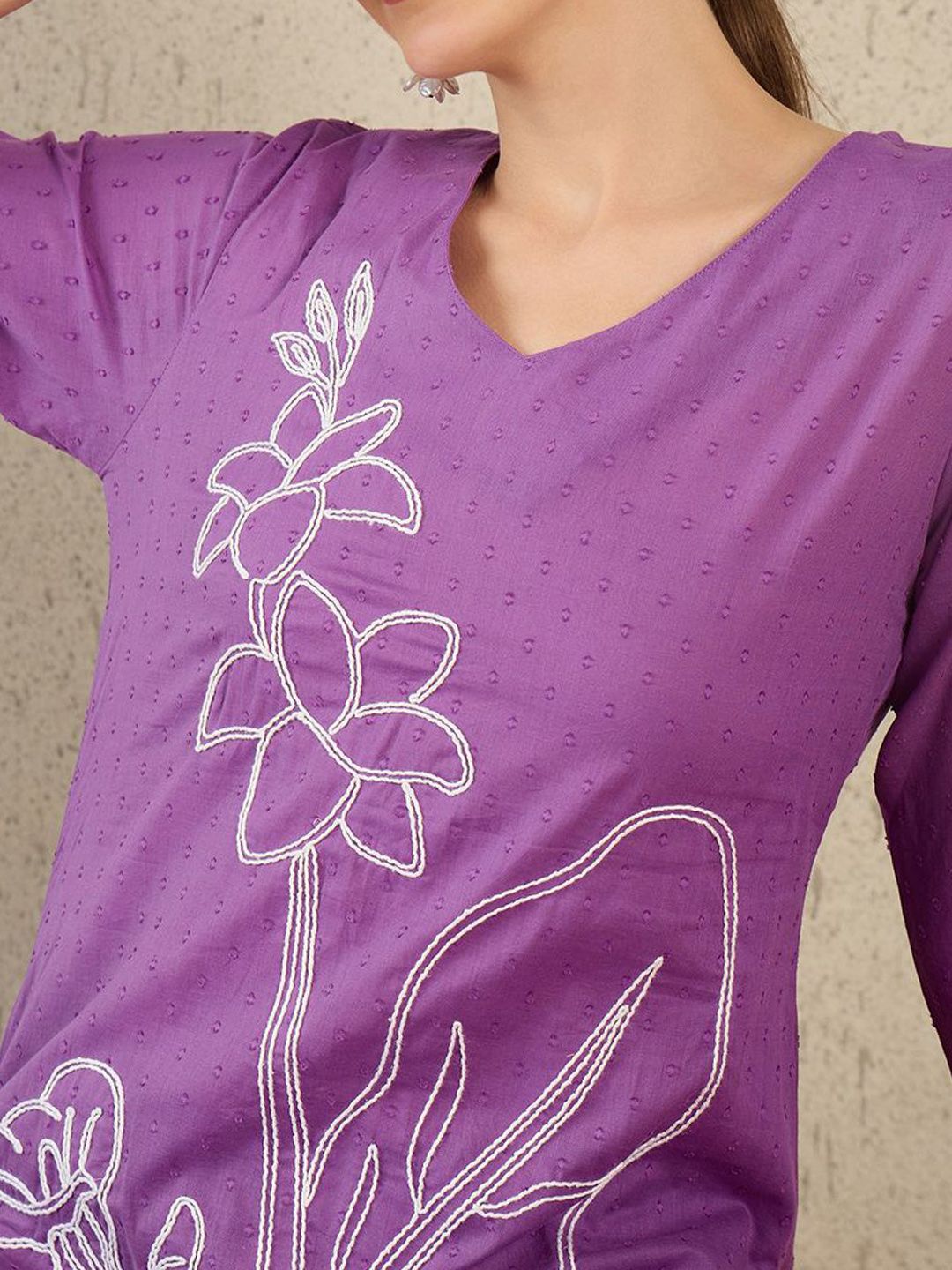 Dhiyona IE Women Embroidered V-Neck Cotton Top and Trousers Co-Ords