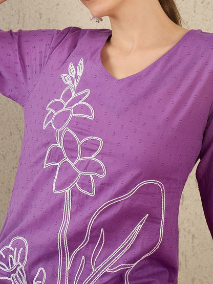 Dhiyona IE Women Embroidered V-Neck Cotton Top and Trousers Co-Ords