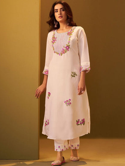 Women Floral Embroidered Regular Thread Work Kurta with Trousers