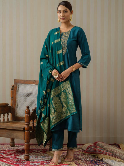 Dhiyona OD  Ethnic Motifs Embroidered Straight Kurta & Trousers With Dupatta