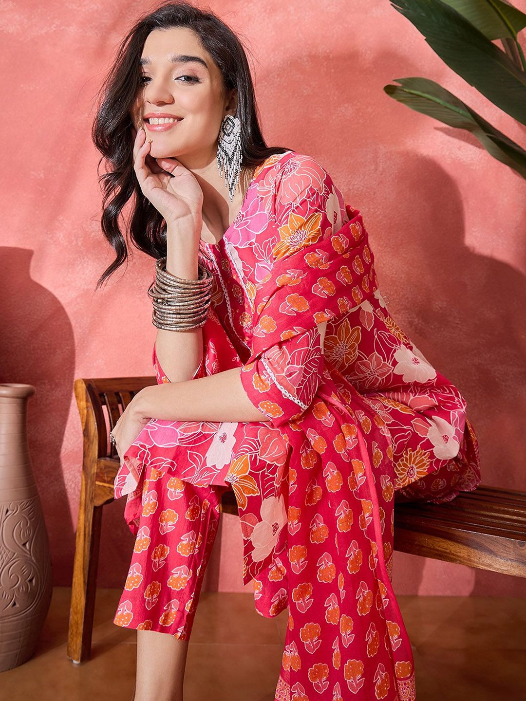 Dhiyona SN Women's Floral Printed Notch Neck Pure Cotton Straight Kurta With Trouser & Dupatta
