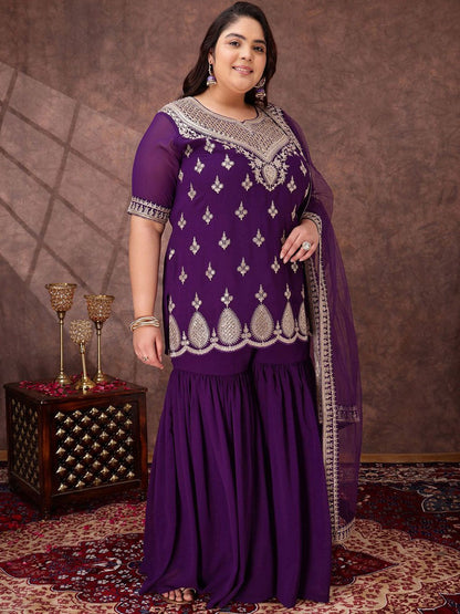 Dhiyona IN Women Plus Size Ethnic Motifs Sequinned Kurta with Sharara & Dupatta